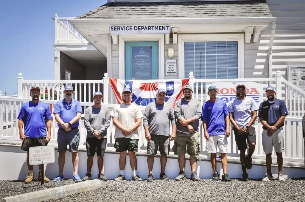 The Schooner Island Marina team outside the service department